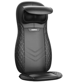 A sleek black Shiatsu Neck & Back Seat Massage Chair by Renpho AU, featuring a headrest and seat pad. It boasts quilted sides, a smooth chevron-patterned central area, and provides deep shiatsu massage with optional heat therapy. Perfect for home or office use to deliver comforting back and neck massages.