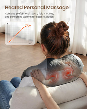 Woman using a U-Neck 2 Neck & Shoulders Massager pad while sitting on the floor, a comfort warmth graph displayed in the background, promoting wellness.