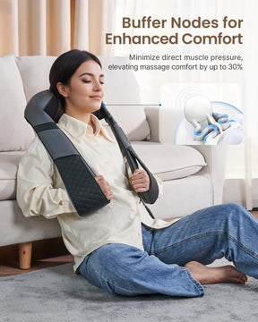 Woman sitting on a couch, using the U-Neck 2 Neck & Shoulders Massager on her shoulder, with a graphic illustrating the wellness enhancement feature.
