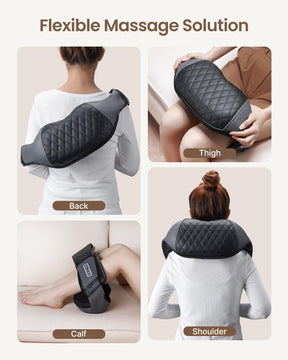 Discover the versatility of our U-Neck 2 Neck & Shoulders Massager with detailed images demonstrating its application on the back, thigh, calf, and shoulder for enhanced wellness.