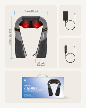 An image of a U-Neck 2 Neck & Shoulders Massager focusing on wellness, displayed with dimensions and accessories.