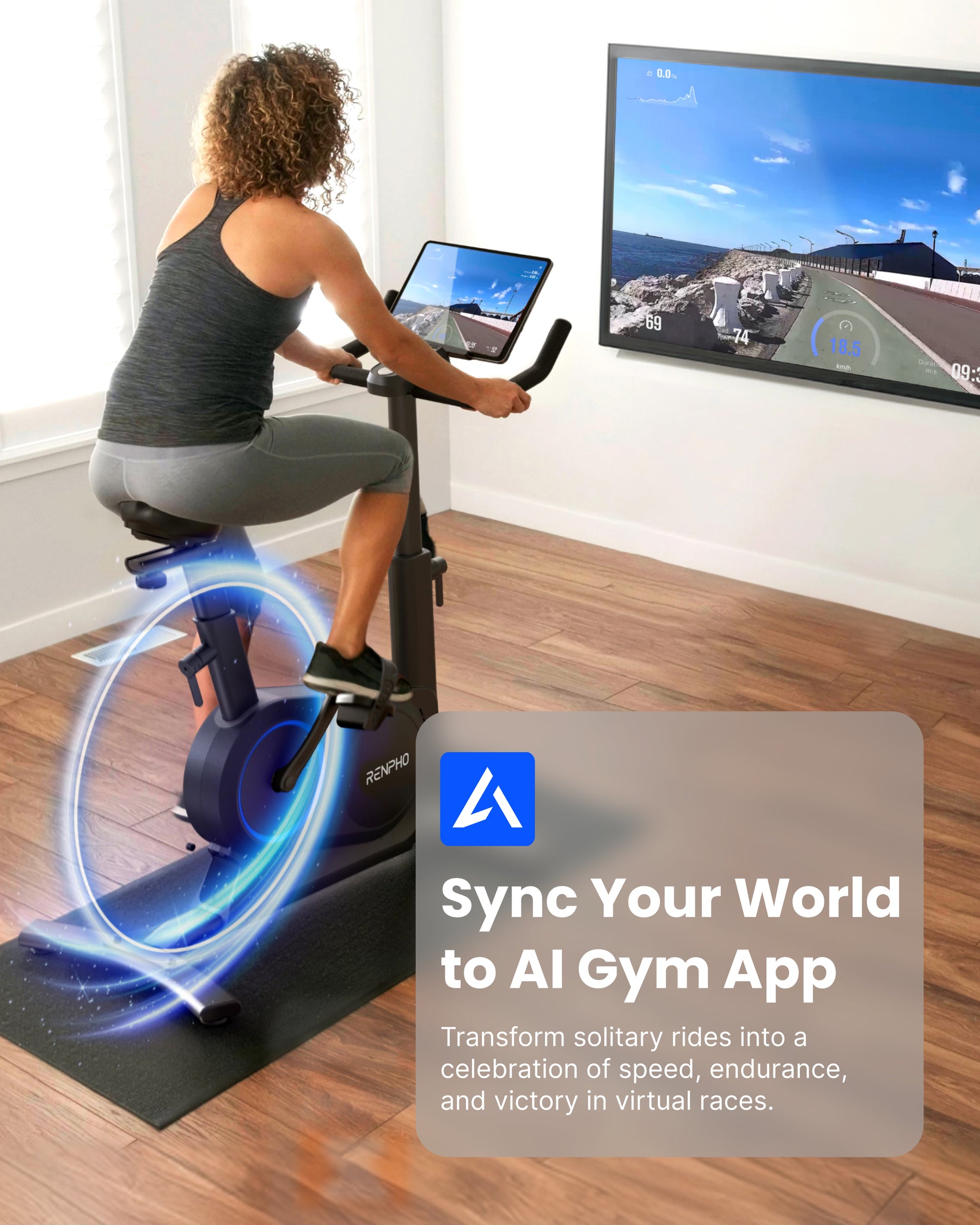 A person with curly hair rides the Renpho AU AI Smart Bike S in a room, facing a large wall screen displaying a virtual cycling route. Text in a gray box reads: "Sync Your World to AI Gym App. Transform solitary rides into an immersive fitness experience with diverse training programs and celebrate speed, endurance, and victory in virtual races.